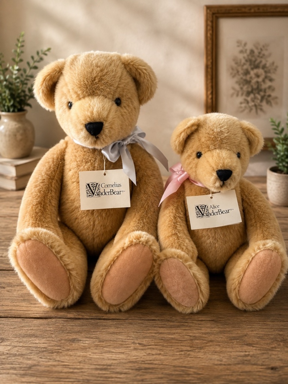 Vintage 80s NABCO Cornelius & Alice VanderBear 20”&18” Jointed Posable Bears Tag